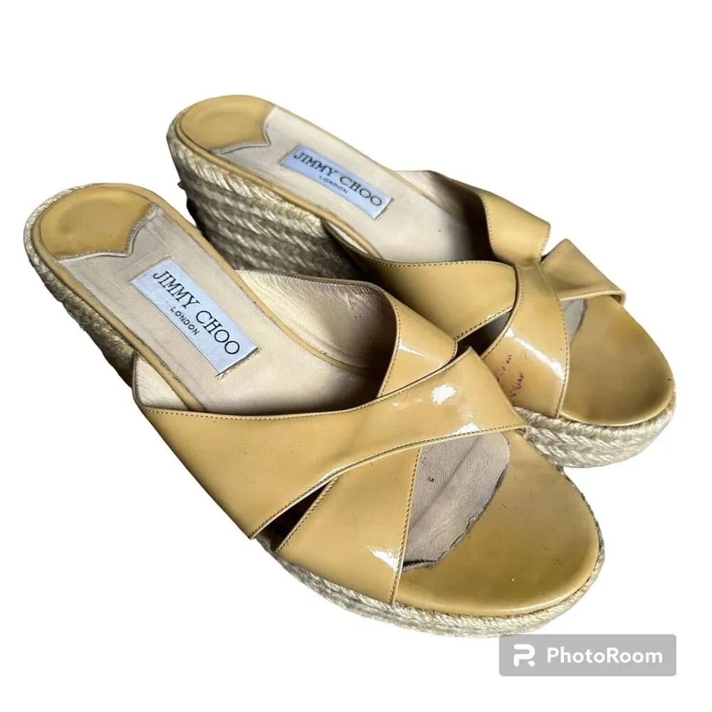 Jimmy Choo Paisley Crisscross Slide Sandal Espadrille Beige Patent Wedge Size 40